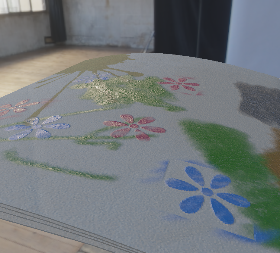 Real-time render of sheets of paper with paint and stains on them