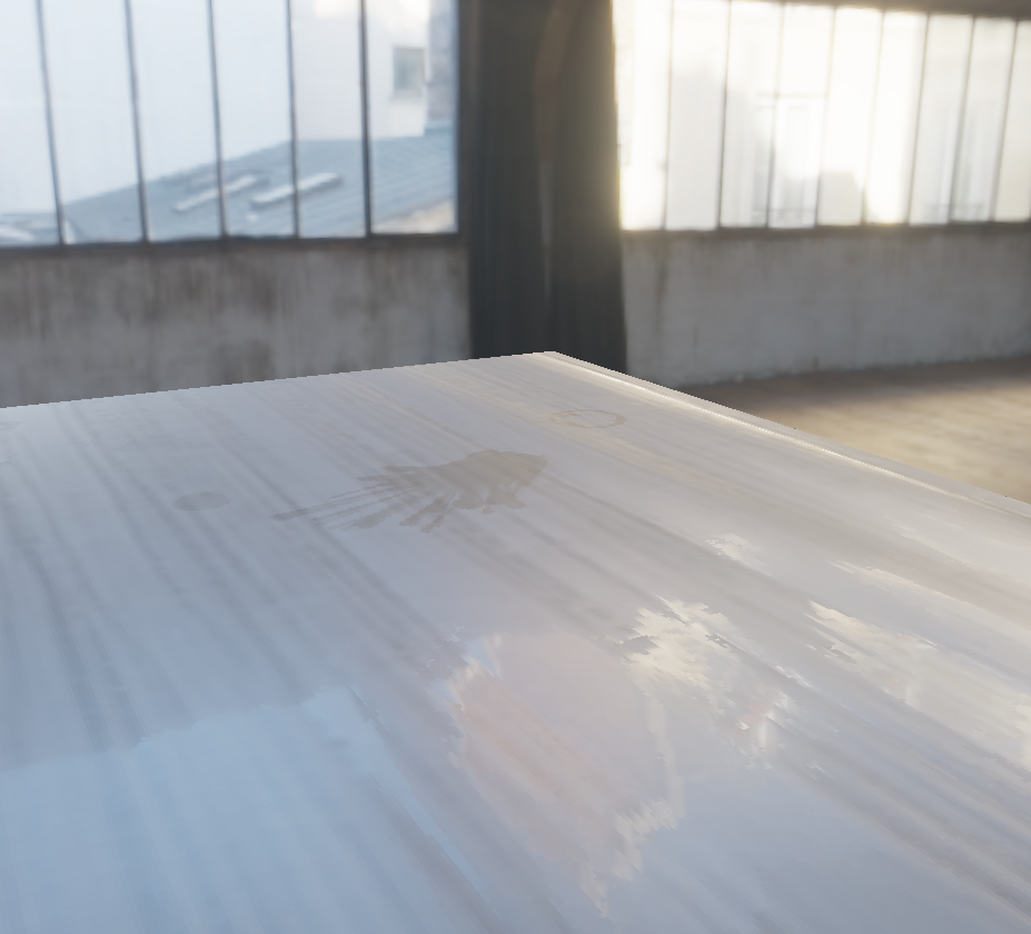 Real-time render of desk with stains reflecting the environment map