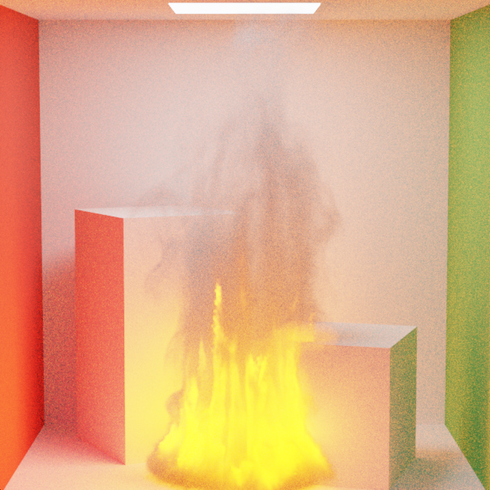 Path traced image of a volumetric fire effect in a Cornell box