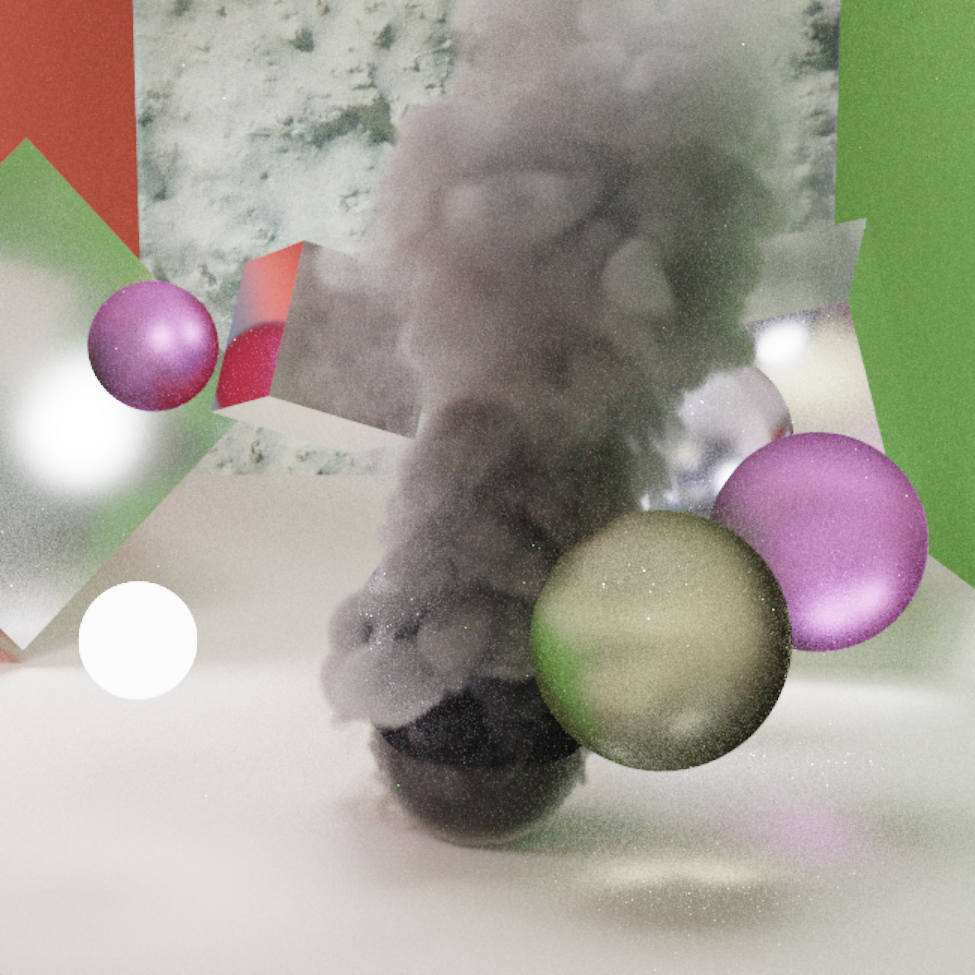 Path traced image of a volumetric smoke effect surrounded by various rough transmissive and reflective spheres and cubes