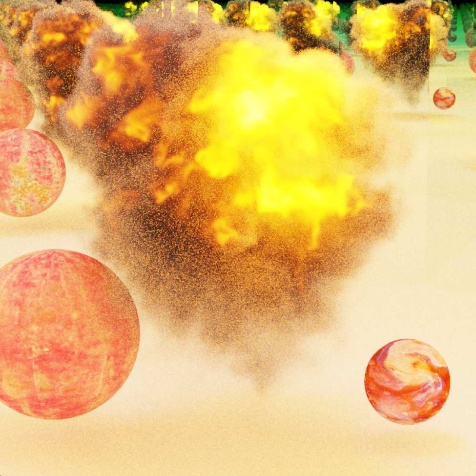 Path traced image of spheres and a volumetric explosion effect being reflected by multiple mirrors
