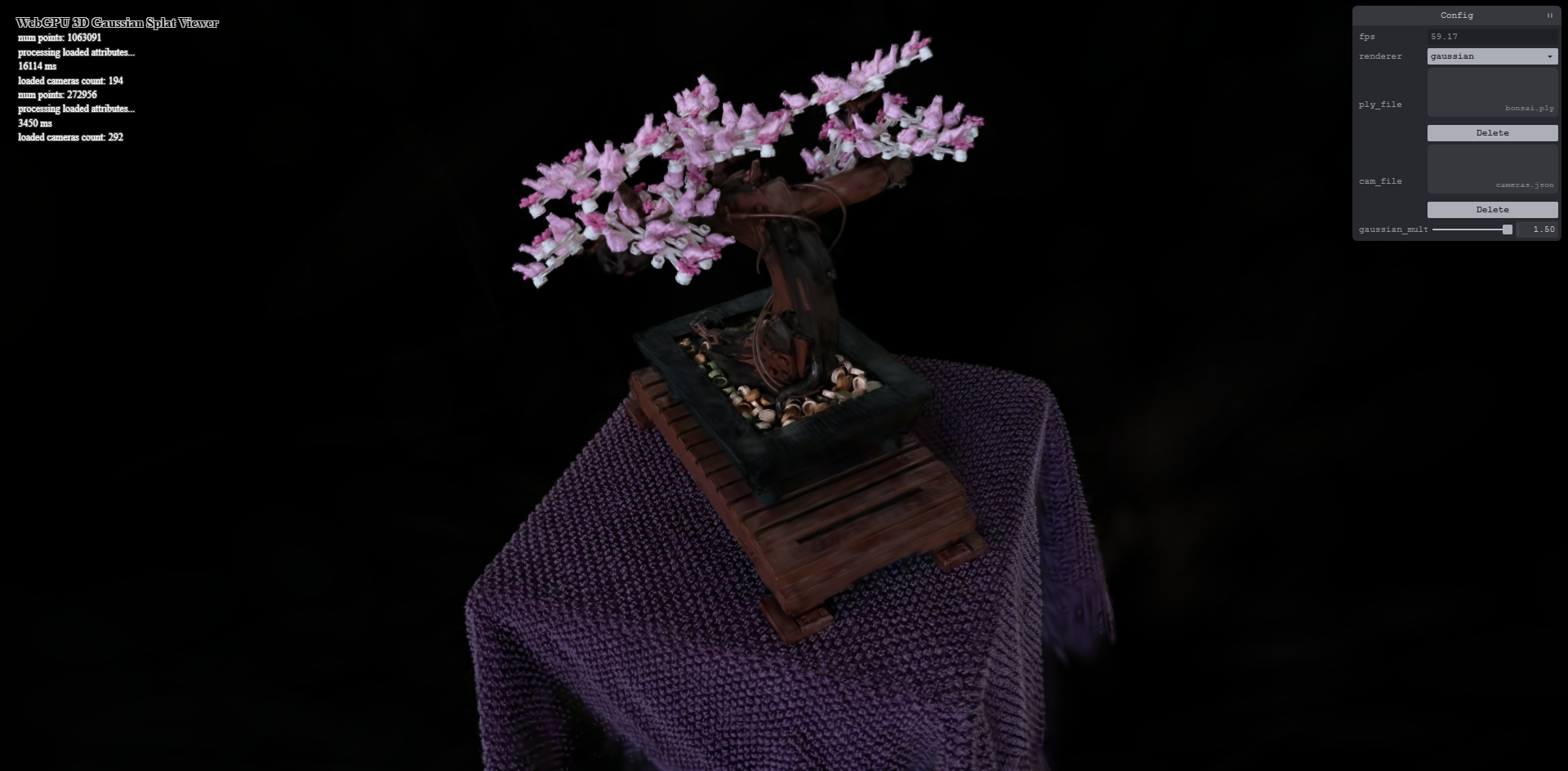 Rendered image of a pink bonsai tree on a table cloth